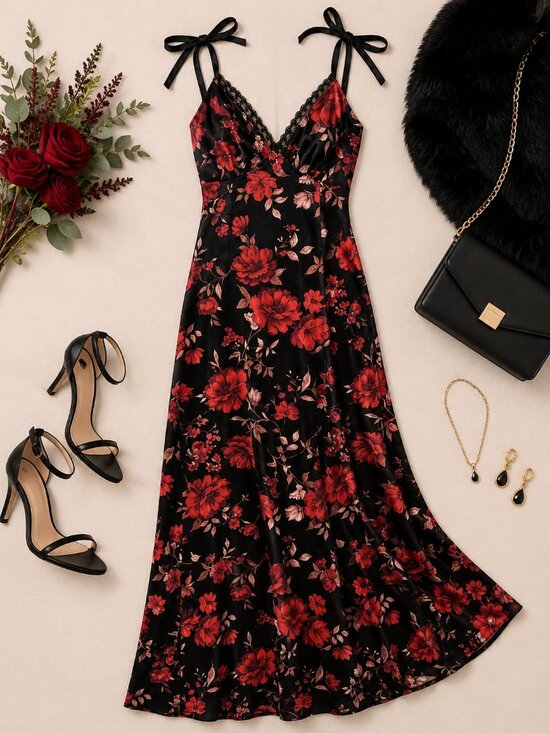 Francesca's Collections Dresses & Skirts - Francesca’s Black Red Floral Maxi Dress S Lace Tie Strap Open Back Romantic